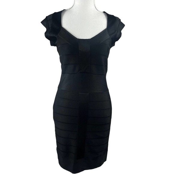 French Connection Black Knit Bandage Bodycon Dress Size 4 Cap Sleeve Y2K - Picture 1 of 12